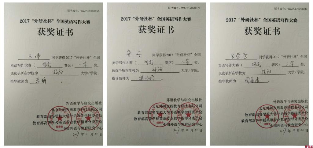 【献礼十九大】外国语学院师生在2017年“外研社杯”全国英语写作与阅读大赛再创佳绩